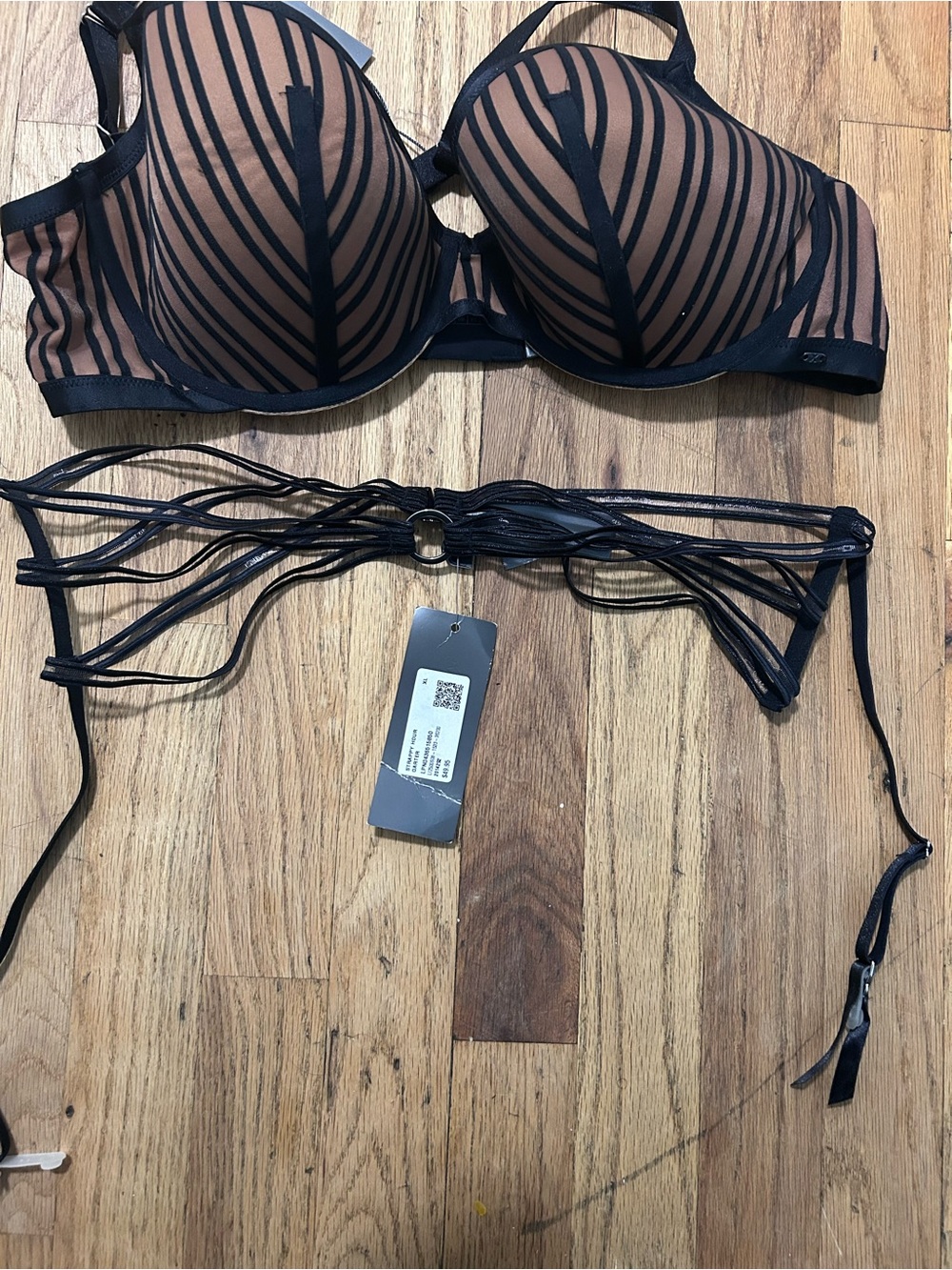 Savage X Fenty Black Sheer Striped Push-Up Bra with Strappy Garter